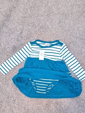 Teal & White LS Dress with And Ruffle Bloomers